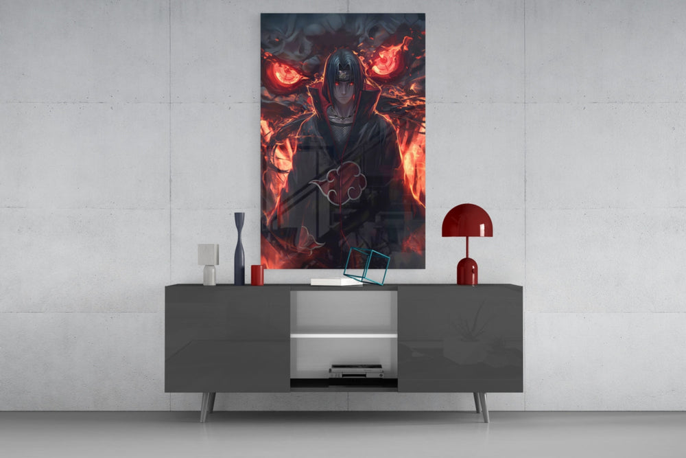 Akatsuki Itachi glass wall art catching light to reveal its painted embers