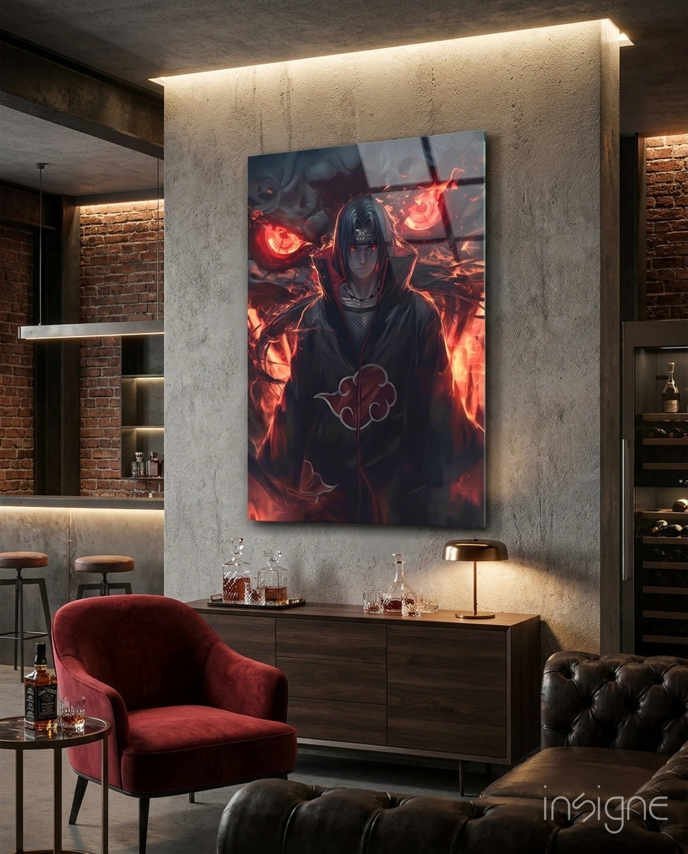 Akatsuki Itachi Glass Wall Art || Designer Collection - Lifestyle preview in a designer interior