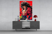 Super Saiyan 4 Goku glass wall art catching light to reveal its painted mane