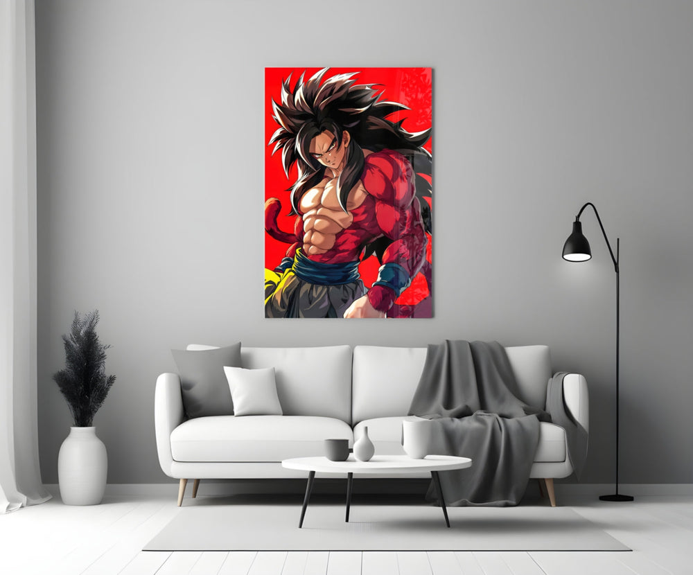 Close-up detail of SSJ4 Goku in crimson fur behind glass