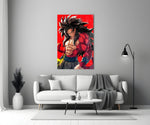 Close-up detail of SSJ4 Goku in crimson fur behind glass