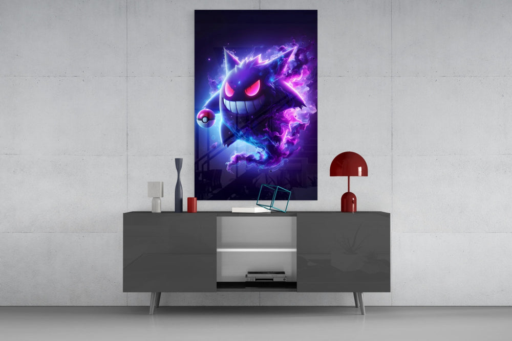 Evil Energy Gengar glass wall art catching light to reveal its painted smoke