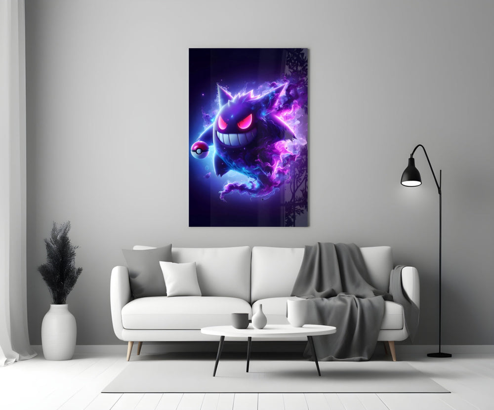 Close-up detail of Gengar in violet flame behind glass