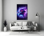 Close-up detail of Gengar in violet flame behind glass