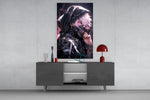 Shadow Queen glass wall art catching light to reveal its painted chrome detail