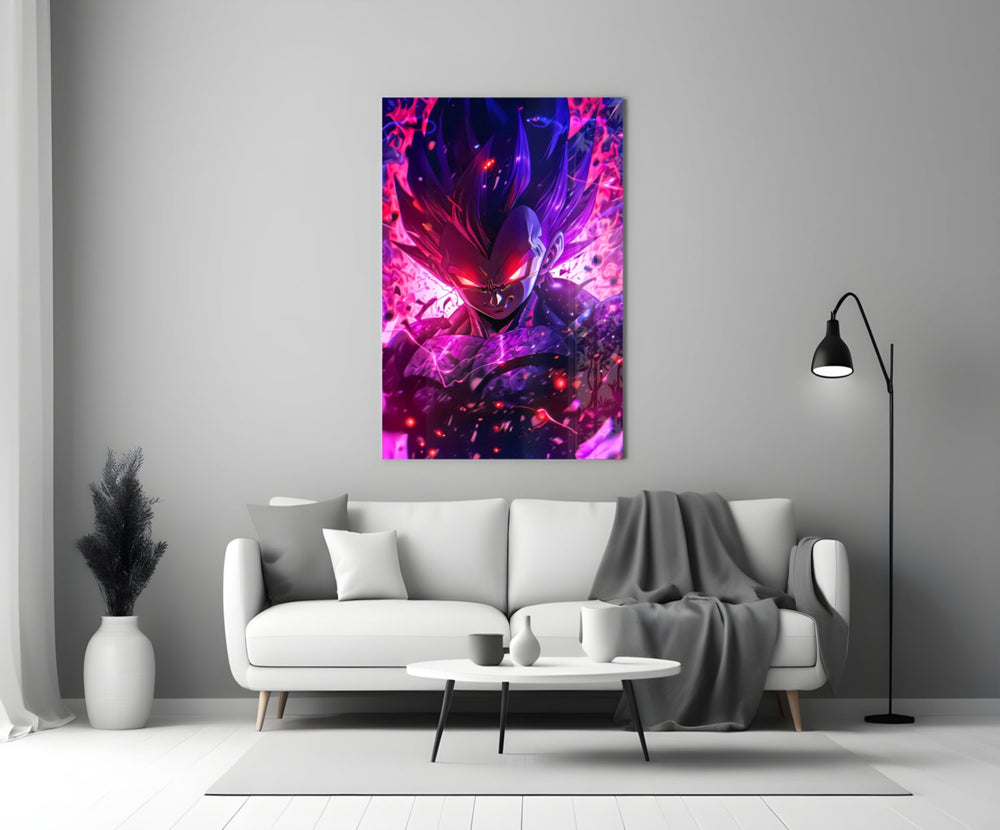 Close-up detail of Vegeta in magenta chakra behind glass