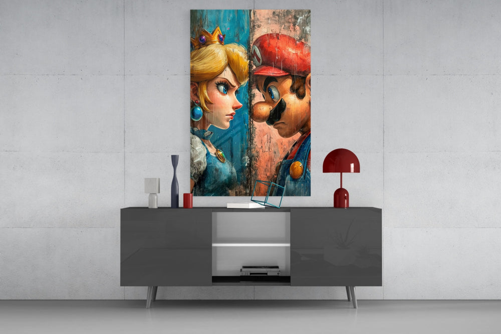 Mario and the Princess glass wall art catching light to reveal its painted texture