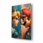 Mario and the Princess glass wall art in a modern gaming room