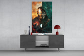 Iron Man and Doctor Doom glass wall art catching light to reveal its painted texture