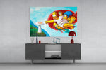 Homer's Genesis glass wall art catching light to reveal its painted sky