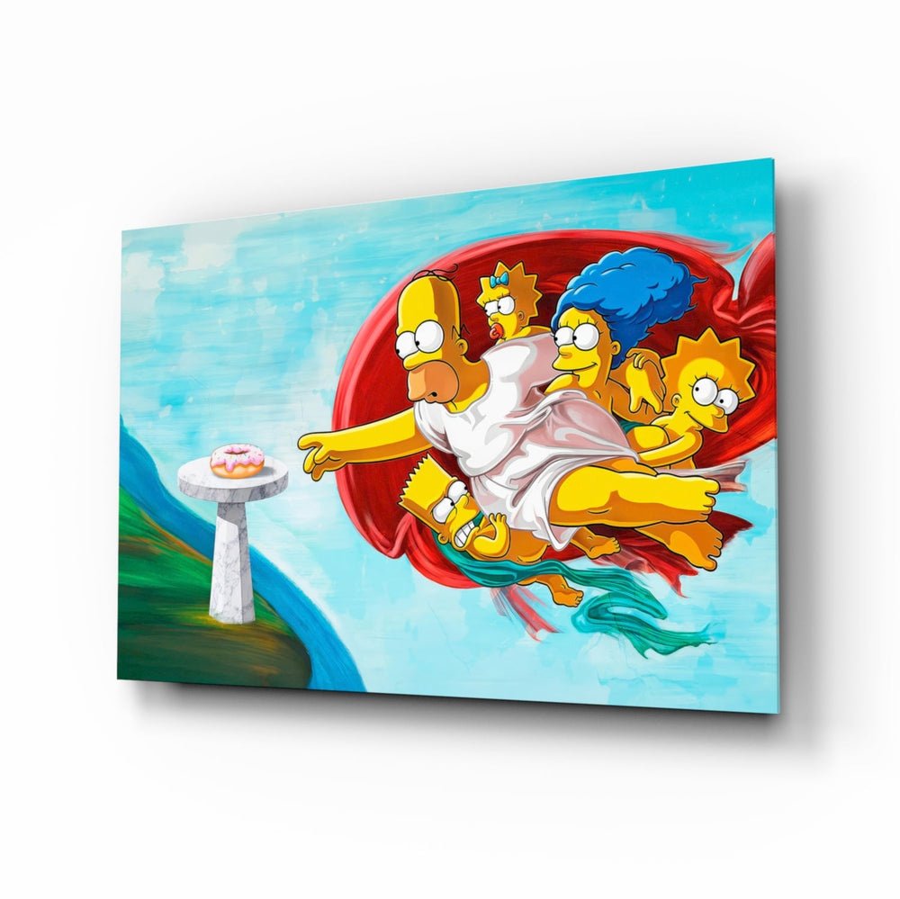 Homer's Genesis Simpsons glass wall art in a modern TV-fan lounge