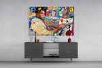 Banksy's Basquiat glass wall art catching light to reveal its layered tags