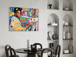 Pop-graffiti glass print bringing street-art edge to an art-collector's office