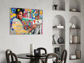 Pop-graffiti glass print bringing street-art edge to an art-collector's office