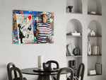 Pop-graffiti glass print bringing street-art edge to an art-collector's office