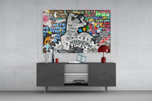 Modern Times glass wall art catching light to reveal its layered tags