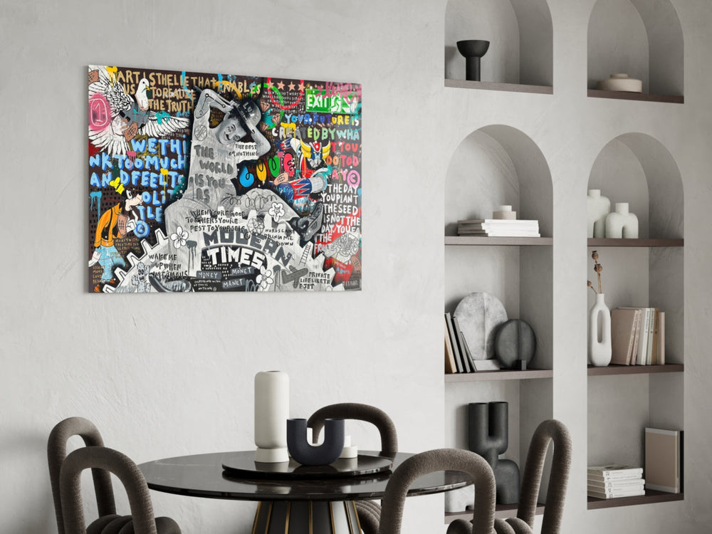 Pop-graffiti glass print bringing street-art edge to a modern living room