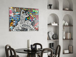 Pop-graffiti glass print bringing street-art edge to a modern living room