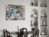 Pop-graffiti glass print bringing street-art edge to a modern living room