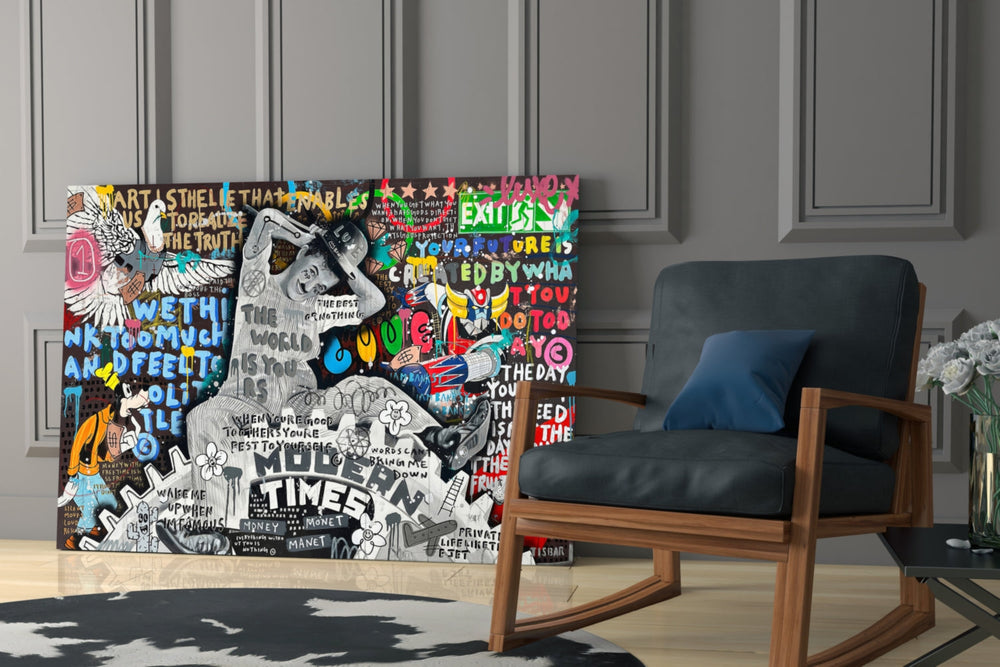 Graffiti yatay panel against a moody dark-painted accent wall
