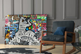 Graffiti yatay panel against a moody dark-painted accent wall