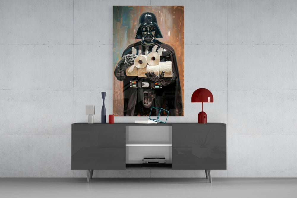 Crisis of the Dark Side glass wall art catching light to reveal its painted texture