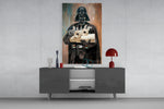 Crisis of the Dark Side glass wall art catching light to reveal its painted texture
