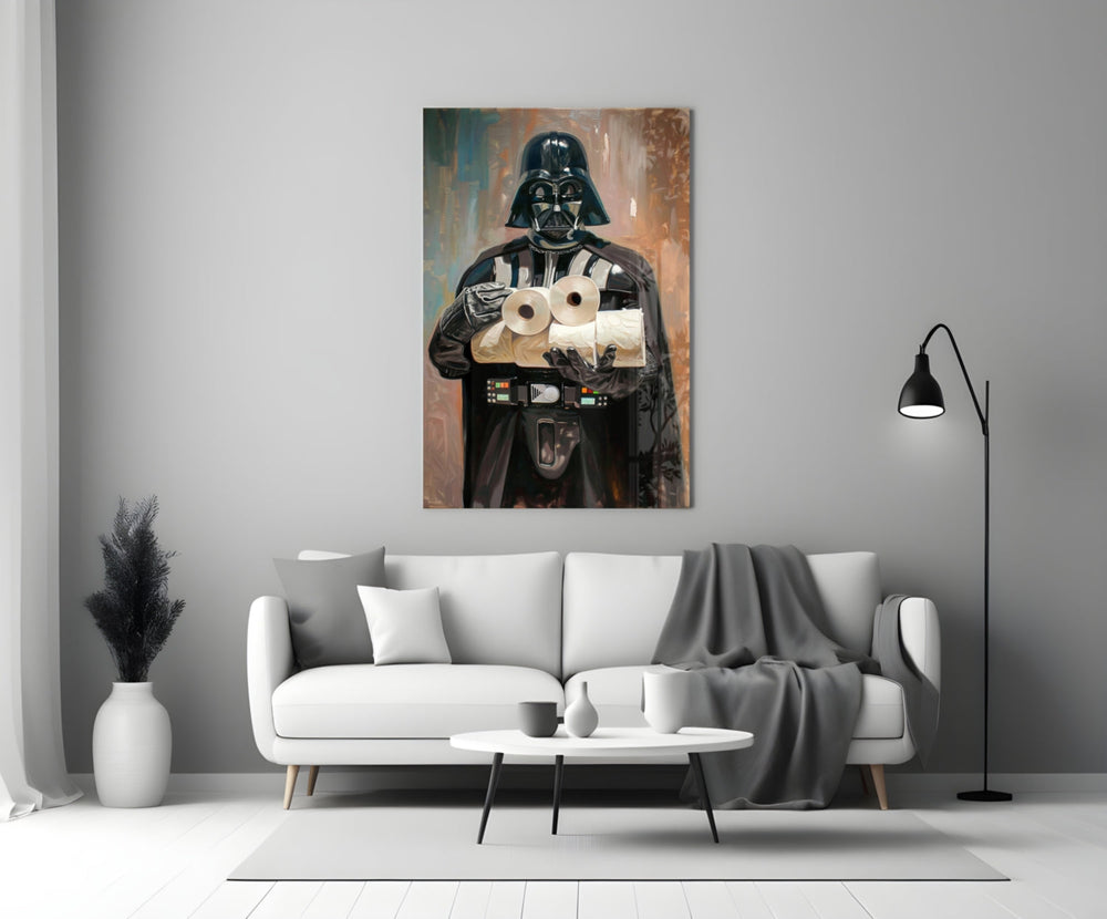 Close-up detail of Darth Vader holding toilet paper rolls behind glass