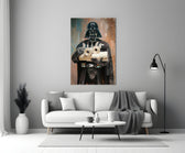 Close-up detail of Darth Vader holding toilet paper rolls behind glass