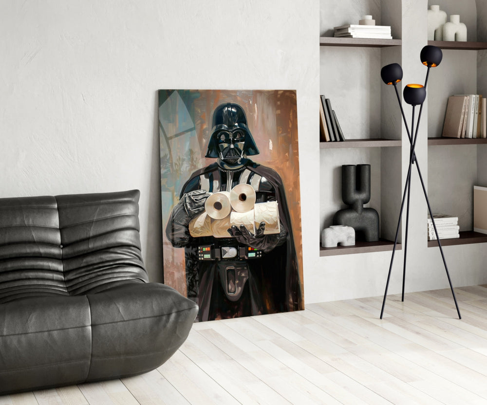 Star Wars glass print bringing pandemic-humor edge to a modern bathroom