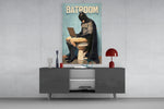 Batroom glass wall art catching light to reveal its painted typography