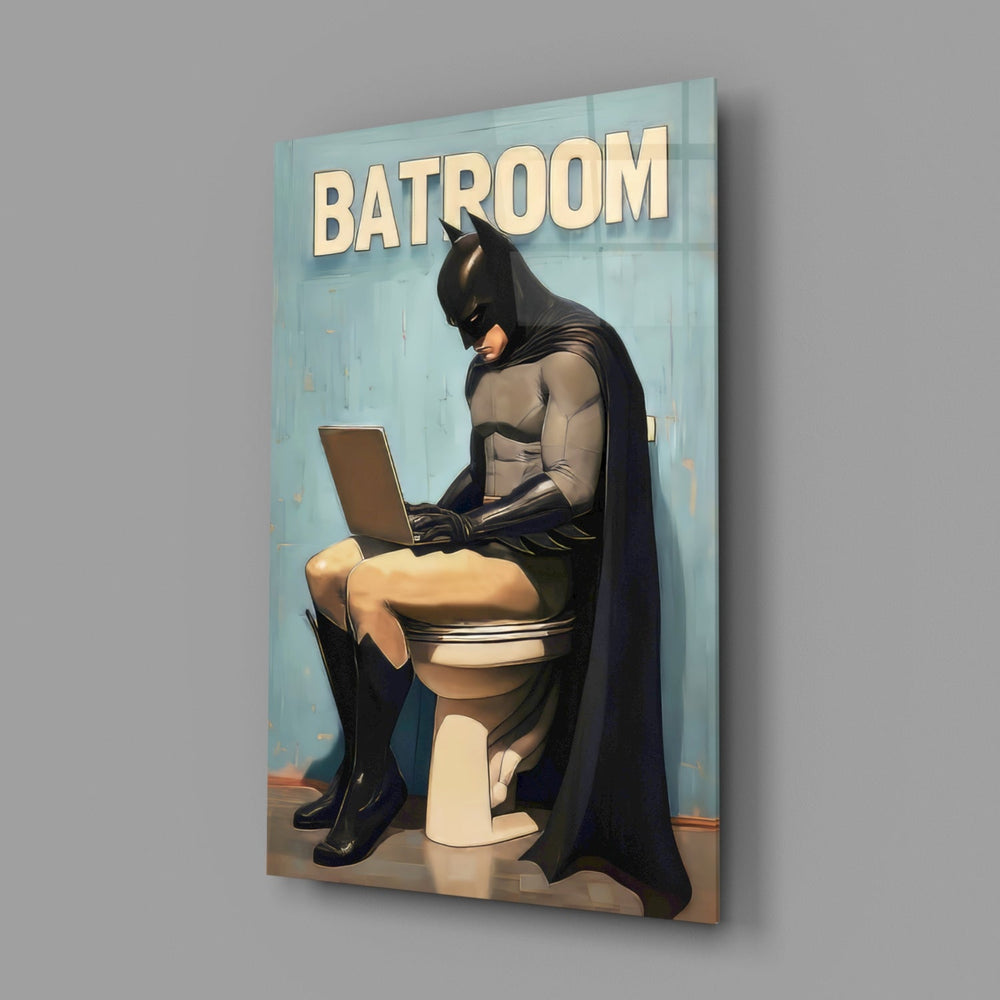 Designer-collection DC humor panel anchoring a powder-room wall