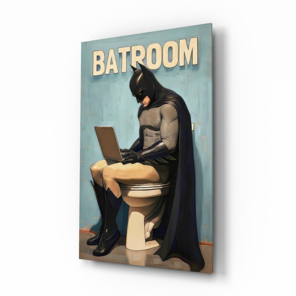 Batroom Batman glass wall art in a modern bathroom