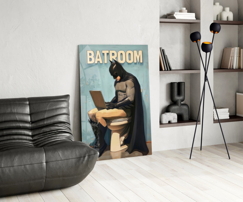 DC glass print bringing comic-humor edge to a man cave