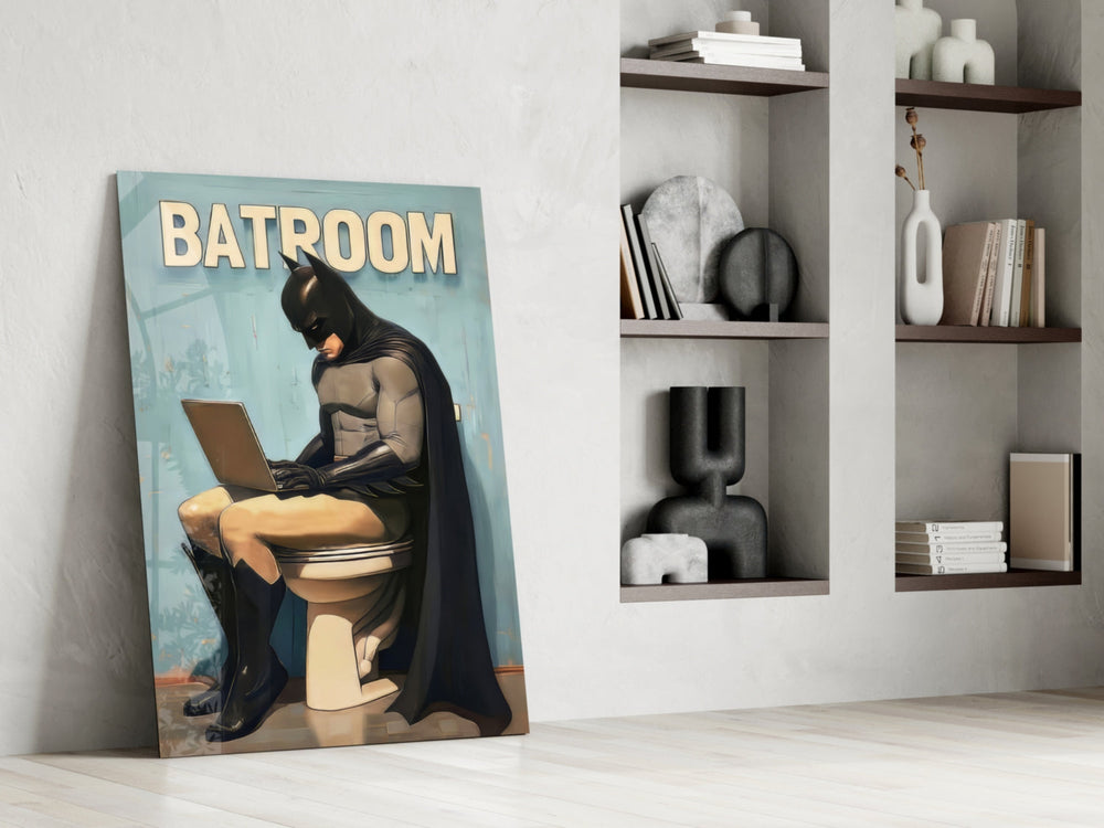 Comic-humor panel against a moody dark-painted accent wall