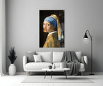 Close-up detail of Vermeer girl with clothespin behind glass