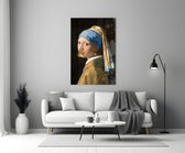 Close-up detail of Vermeer girl with clothespin behind glass