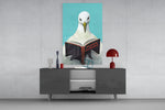 Wise Seagull teal glass wall art catching light to reveal its painted plumage