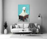 Close-up detail of seagull reading navy textbook behind glass