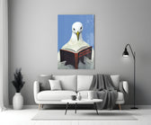 Close-up detail of seagull reading navy textbook behind glass