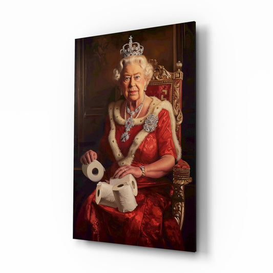 The Queen's Secret glass wall art in a modern bathroom