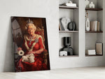 Royal portrait panel against a moody dark-painted accent wall