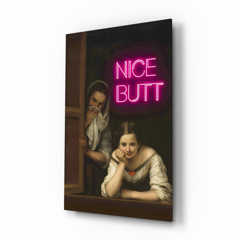 Neon Girl Funny Window glass wall art in a modern bathroom