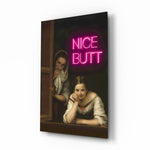 Neon Girl Funny Window glass wall art in a modern bathroom