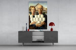 American Nightmare glass wall art catching light to reveal its painted texture