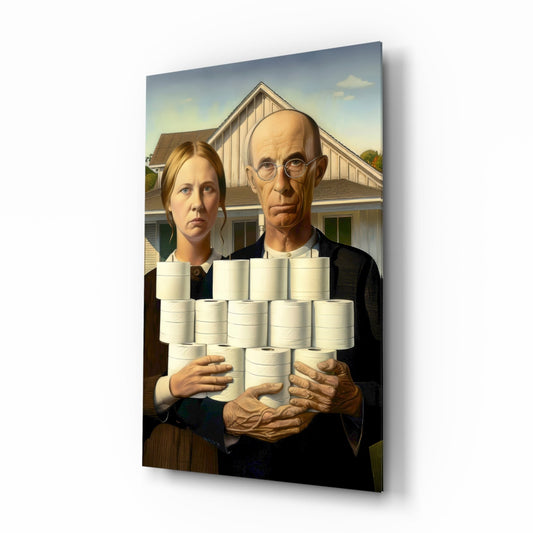 American Nightmare glass wall art in a modern bathroom