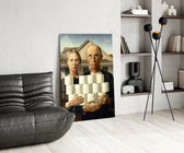 Art-history glass print bringing pandemic-humor edge to a guest washroom