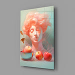 Designer-collection pastel-portrait panel anchoring a vanity wall