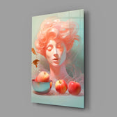 Designer-collection pastel-portrait panel anchoring a vanity wall