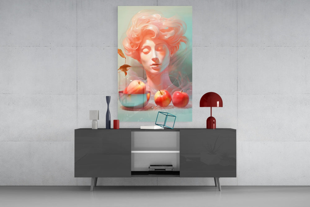 Apple Elegance glass wall art catching light to reveal its painted texture